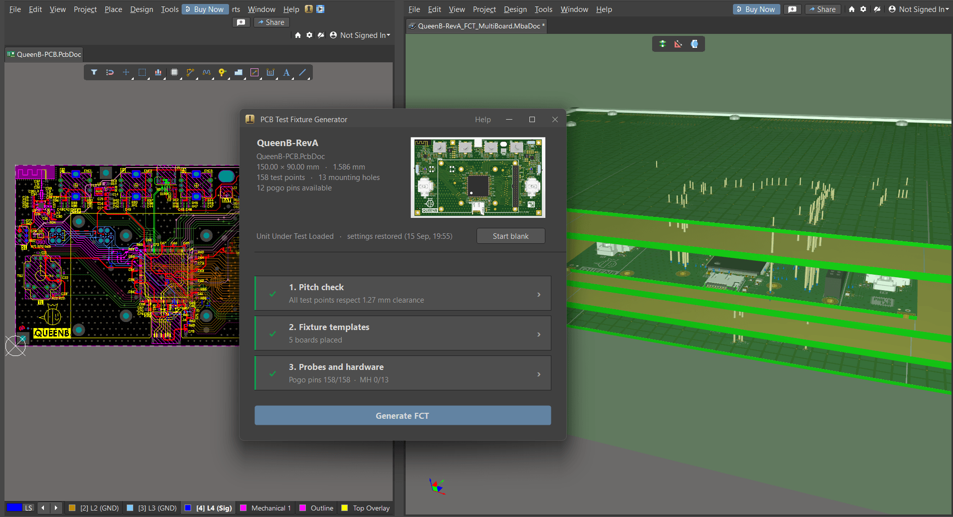 The PCB Test Fixture Generator running inside Altium Designer, next to the board under test and the generated 3D fixture